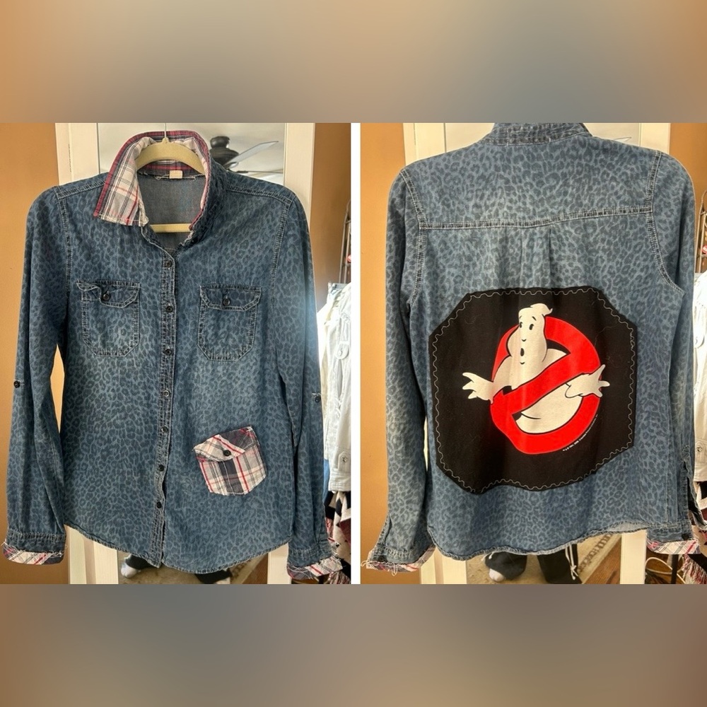 Denim Leopard Shirt with Plaid & Ghostbusters Custom, L (fits m-l)